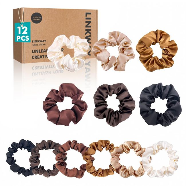 LINKWAY Satin Scrunchie for Women Girls,12pcs satin scrunchies curly hair,Solid Color Elastic Satin Hair Ties,Bobbles Elastic Bands Ponytail Holder Hair Accessories