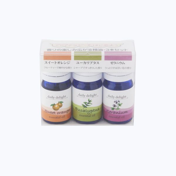 Daily Delight Essential Oils, Set of 3 Fragrance Spreading Essential Oils, 0.1 fl oz (3 ml) x 3 Bottles (Sweet Orange, Eucalyptus, Geranium)