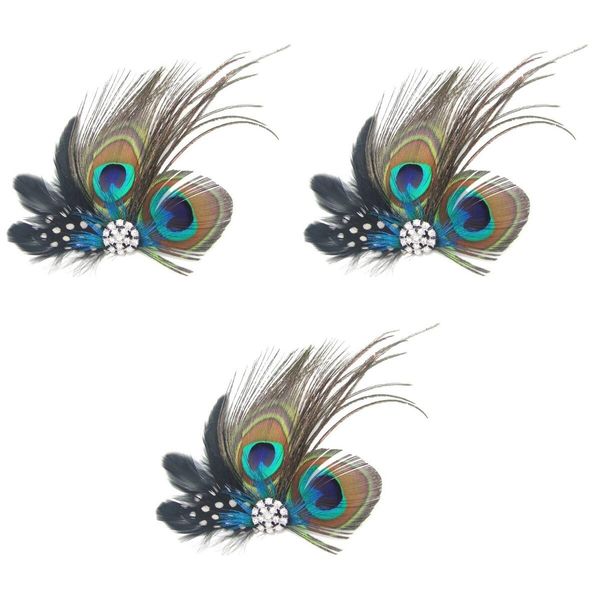 Veemoon 3pcs Butterfly Faux Peacock Feather Hair Clip,Pins with Artificial Pearl Rhinestones Feather Hair Clip Pin for Women Bridal Wedding Party