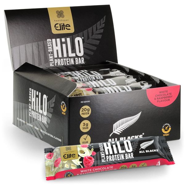 Healthspan Elite All Blacks Protein Bars (12 bars) | 20g Plant Based Protein Per Serving | 6.9g Fibre | 3g Naturally Occurring Sugars | Informed Sport Accredited | Vegan (White Chocolate Raspberry)