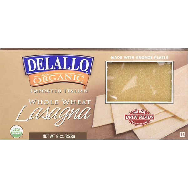 DeLallo Organic Whole Wheat Lasagna Noodles, Oven Ready, 9oz Box, 6-Pack