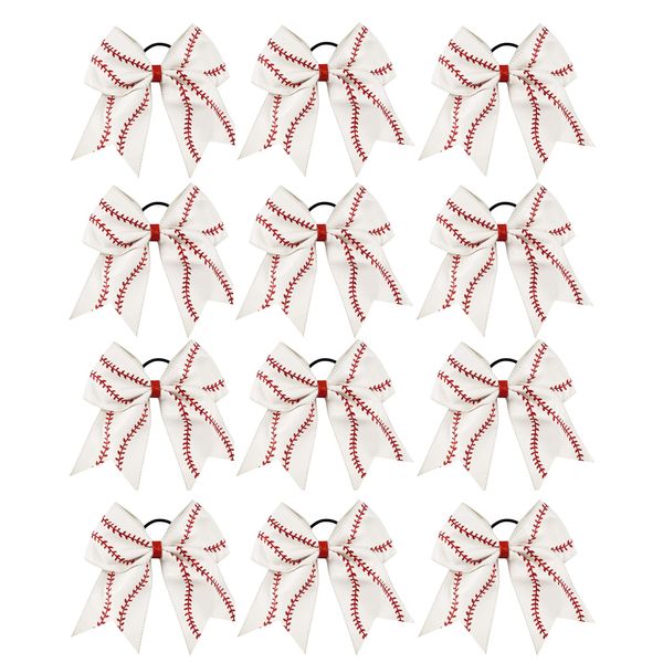 12 Pcs Softball Hair Bows,Glitter Leather Baseball Bows Softball Ponytail Holder Baseball Headband for Girls Cheerleader Team(White)