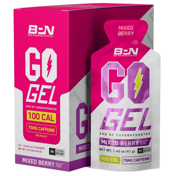 BARE PERFORMANCE NUTRITION, BPN Go Gel Endurance Gel Caffeinated, Vegan + Gluten Free Running Gel with 24g of Carbohydrates & 100 Calories per Gel Pack, 10 Single-Serving Gel Packs, Mixed Berry