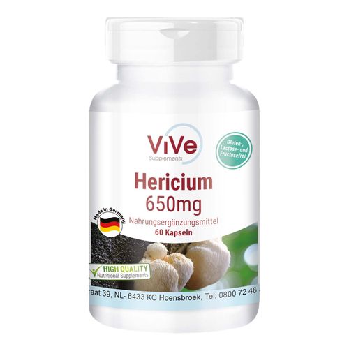 Hericium 650 mg – 60 Capsules Mushroom Powder – Vital Mushroom – High Dose and Vegan Quality from Germany ViVe Supplements