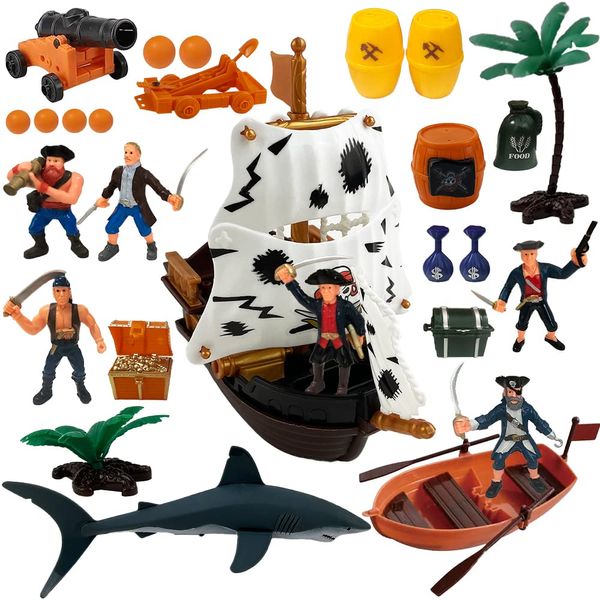 ArtCreativity Pirate Action Figure Playset, Pirate Play Set with Action Figurines, Storage Box, Pirate Ship Toy, Boat, Shark, Treasure Chests, & More, Pirate Party Decorations, Cake Toppers, & Gifts