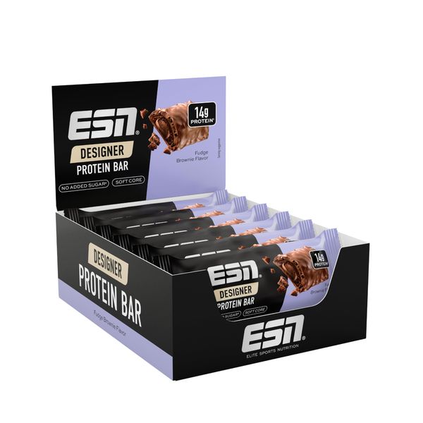 ESN Designer Bar Box, Fudge Brownie, 12 x 45 g, der ideale Snack mit bis zu 14 g Protein pro Riegel, geprüfte Qualität - made in Germany