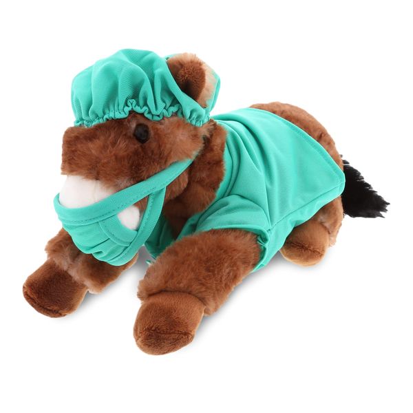 DolliBu Lying Brown Horse Doctor Plush Toy - Super Soft Brown Horse Doctor Stuffed Animal with Cute Scrub Uniform & Cap Outfit - Plush Gift with Personalization - 10.5 Inch