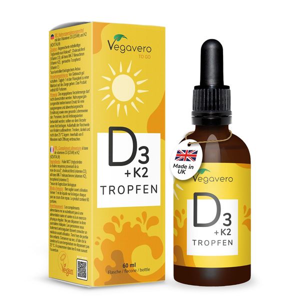 Vegavero Vitamin D3 K2 Drops | 60ml | 2000 IU Vitamin D3 & 25μg K2 | NO Additives, Lab-Tested | Made in UK | Vegan