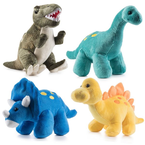 Prextex Plush Dinosaur Stuffed Animal, 4pk, 10'' Cute Dinosaur Plush Toys for Boys & Girls Ages 3+, Stuffed Dinosaurs for Boys, Soft Dino Plush Stuffed Animals Dinosaur Party Favors, Stuffed Dinosaur