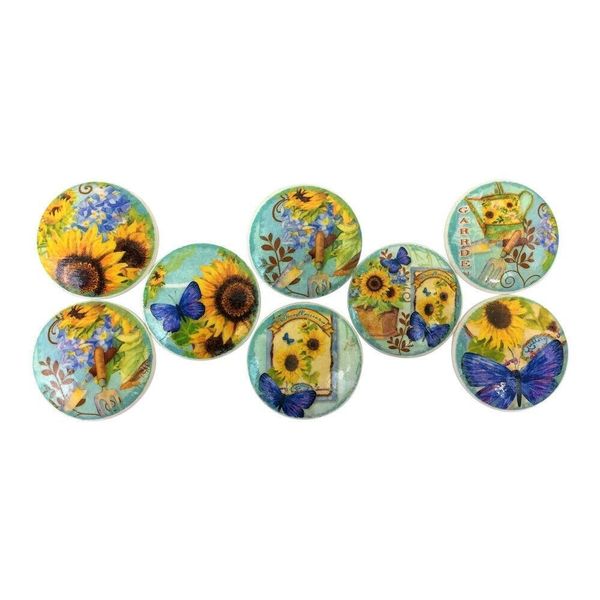 Set of 8 Sunflower on Blue Print Cabinet Knobs Drawer Knobs White 1.5" Wide