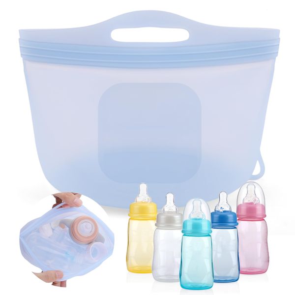 Palksky Large Silicone Microwave Steam Bags for Baby Bottles Reusable Silicone Steaming Bags for Breast Pump Parts Pacifiers Nipples Teethers Soother for Mom Home and Travel Blue