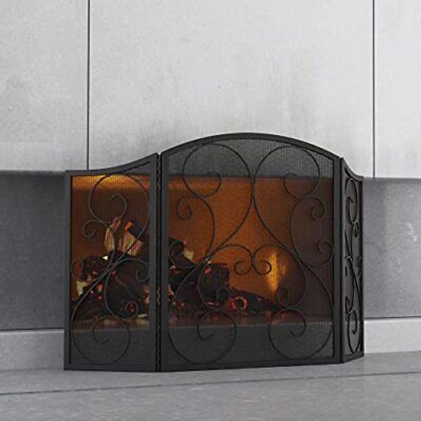 Fire Beauty Fireplace Screen 3 Panel Wrought Iron Black Metal 48(L) x30(H) Spark