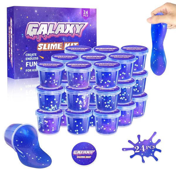 24 Pack Galaxy Slime Party Favors for Kids Blue Purple Clear Glitter Slime Kit Stress Relief Putty Toys for Boys Girls Christmas Birthday Goodie Bag Stuffer Classroom Reward Stretchy Non-Sticky