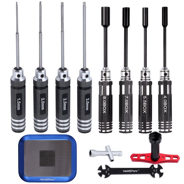 HobbyPark Hex Driver Set (1.5mm 2.0mm 2.5mm 3.0mm), Hex Nut Driver Set(4.0/5.5/7.0/8.0mm) Screwdriver Kit, 17mm Wheel Wrench, RC Screw Tray, Turnbuckle Wrench, RC Repair Tools Kit for RC Cars