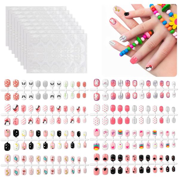 JSRQT 8Pcs Kids False Nail Tips, Full Cover Short Square Press on Nails for Children, Cute Pink Silver Animal Patterns Stick on Artificial Nail Fake Nail Strips for Kids Girls Nails Art Decoration