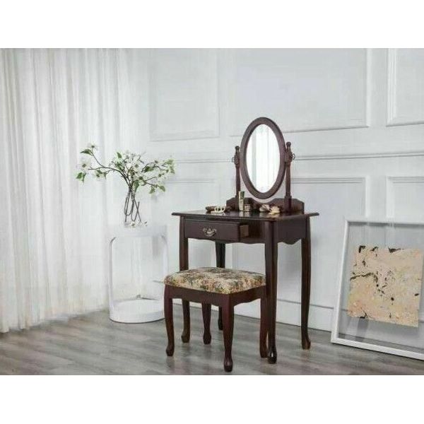 Vanity Makeup Dressing Table Set w/Stool Drawer Mirror Jewelry Wood Desk Set New