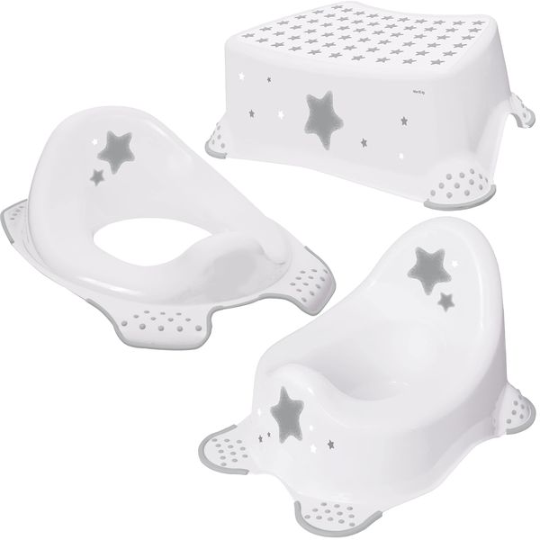 Babycurls Toilet Training Potty Set Includes Kids Non Slip Up Step Stool + Toilet Training Seat + Steady Potty Unisex White for Safe Toddler Loo Potty Training in The Bathroom and Home
