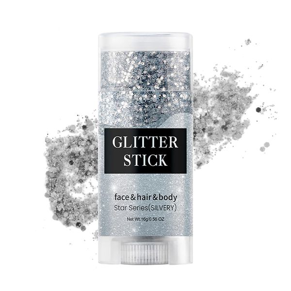 Silver Body Glitter Stick, Sparkling Sequins Holographic Makeup Glitter Stick for Women, Waterproof Body Makeup Glitter Music Festival Rave Accessories