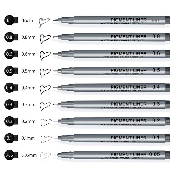 AKARUED Drafting Pen, Set of 9, Water-based Pen, Cartoon Pen, Waterproof, Sign Pen, Needle Pen, Drawing Pen, Black Ink, Illustration Pen, Wire Diameter 0.05-1.0mm