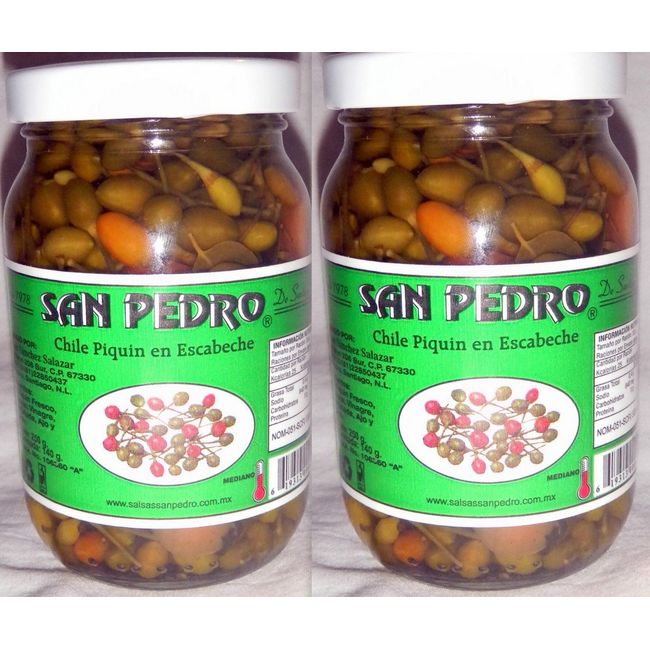 San Pedro Chile Piquin Del Monte En Escabeche Hot & Spicy Pepper From Mexico 2 Bottle Lot