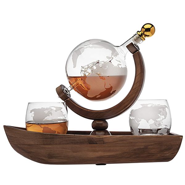 Godinger Whiskey Decanter Ship Globe Set with 2 World Whisky Glasses - for Liquor, Scotch, Bourbon, Vodka - 850ml