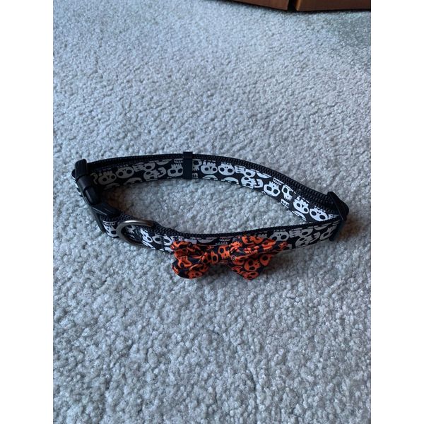 Sculls Halloween Dog Collar on Black, Orange Bow, adjustable