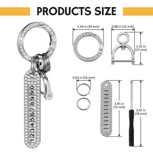 WORCAS Silvery ring metal bling rhinestone car keychain with a 360-degree rotating fashionable horseshoe key-ring multi-functional and phone number tag