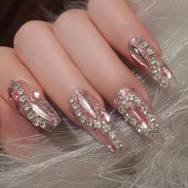 Goiern 24 pezzi Long Press on Nails Long Coffin Glitter Finte Nails Shiny Pink Strass Full Cover False Nails Glue on Nails Luxury Ballerina Artificial Acrylic Nails