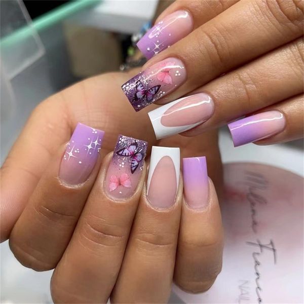 24 Pcs Nail Tip, Purple, Nail Tip, Purple, Graduation Ceremony, Bride Nail, Short Cute, Popular Tip, Ladies' Gal Popular, Present, Self Nail, 48 Double Sided Tape Included (Gradient and Butterfly)