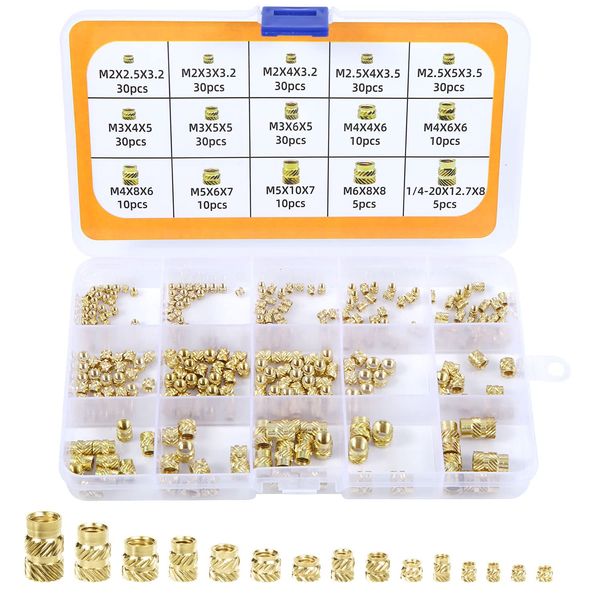 AIEX 300Pcs M2 M3 M4 M5 M6 Female Thread Knurled Nuts Brass Threaded Insert Embedment Nuts, Threaded Inserts for Plastic 3D Printing Injection Molding