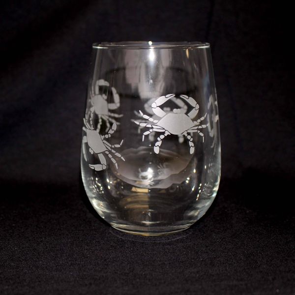 Crab Etched Pattern / Stemless Wine Glass