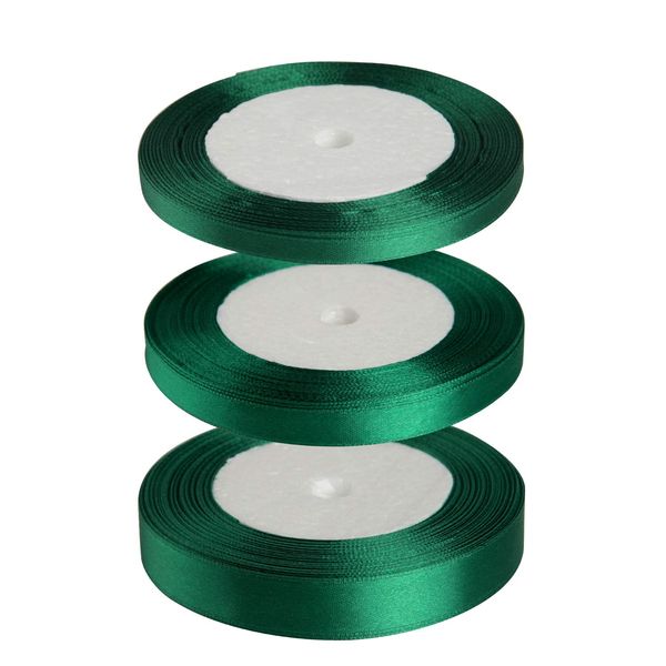 FEPITO Dark Green Ribbon 6mm 10mm 15mm Green Satin Ribbon Set Ribbons for Crafts Gift Wrapping Floristry Christmas Decoration (23M/Roll x 3Rolls)(Green)