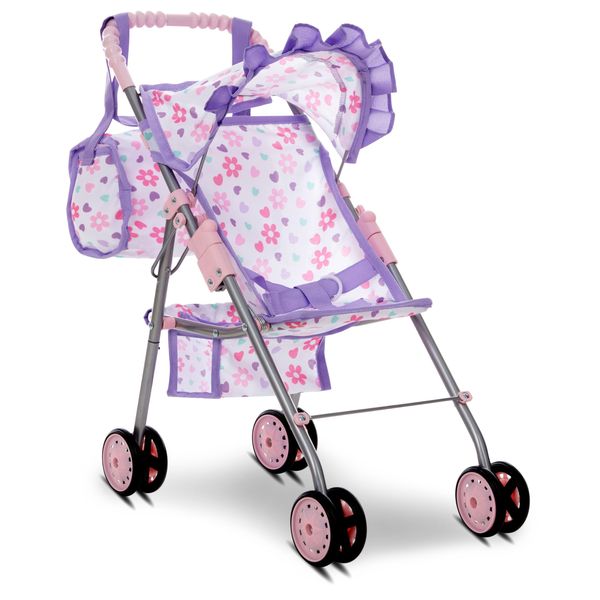 Baby Doll Stroller for Girls, Toddler Play Toy Doll Buggy Carriage, Foldable with Canopy, Storage Basket, Travel Diaper Bag, Purple