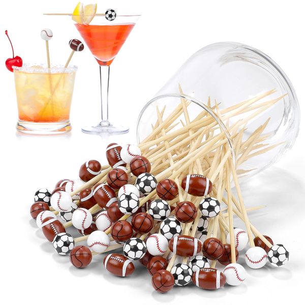 Aodaer 100 Pieces Sports Decorative Sports Ball End Cocktail Skewers 4.7 Inch Bamboo Cocktail Picks Wooden Decorative Fruit Toothpicks for Appetizers Bar Drinks Fruit Sandwich Buffets Party Supplies