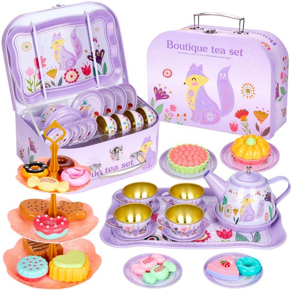 Hnyoou Tea Set for Toddlers, 33 Pcs Kids Tea Set Tea Sets for Children, Tea Party set for Children Kids with Food Dessert Tray Teapot Kitchen Accessories for Boys Girls Pretend Play Age 3 Years(Fox)