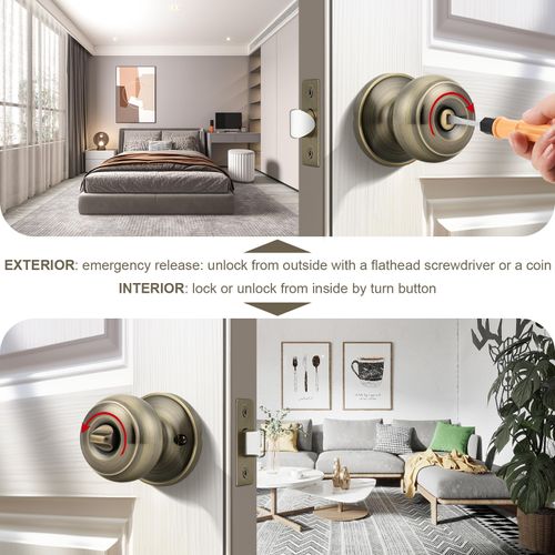 Probrico 1 Pack Privacy Door Knobs Lock Interior Bedroom Bathroom Doorknobs Antique Brass Round Ball Keyless Lockset