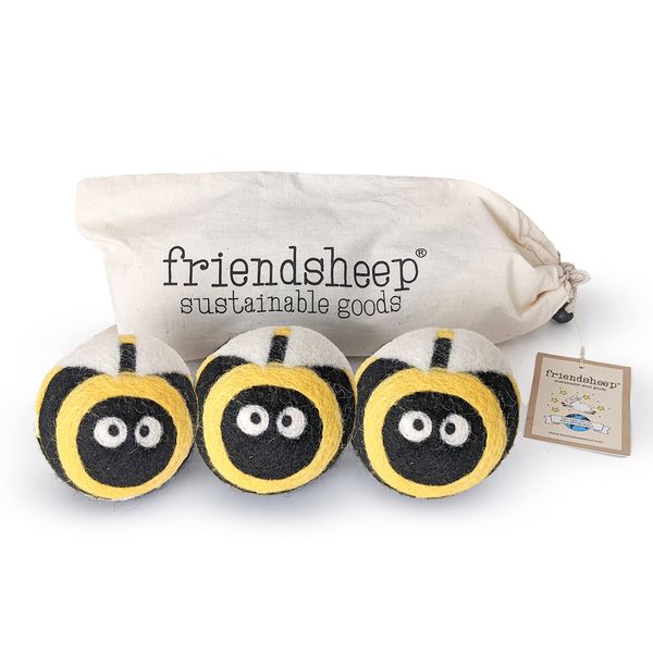 Wool Dryer Balls by Friendsheep 3 Pack XL Organic Premium Reusable Cruelty Free Handmade Fair Trade No Lint Fabric Softener Busy Honey Bee Trio