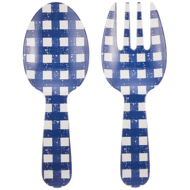 Navy Gingham PTSS7106SFNG Serving Server Fork and Spoon Serving Set, Serving Cutlery, Salad Server, Length 10.6 x Width 3.9 inches (27 cm) x Width 3.9 inches (10 cm), Safe for Kids, Cafe Tableware, Lightweight, Dishwasher-Safe, Birthday Gift, Women, Melam