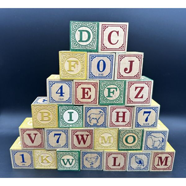 Vintage Uncle Goose Wooden Block Set Alphabet Letters Numbers Animals 27 Pieces