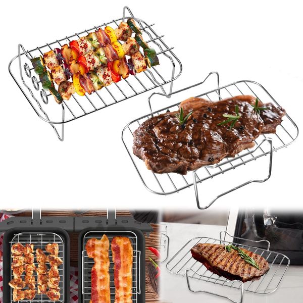 Pipihome 2Pcs Air Fryer Rack Compatible with Ninja Food Dual Zone Air Fryer [AF300UK] [AF400UK] 2 Drawers, Layered Dehydrator Racks Skewer Rack 304 Stainless Steel Dual Air Fryer Accessories