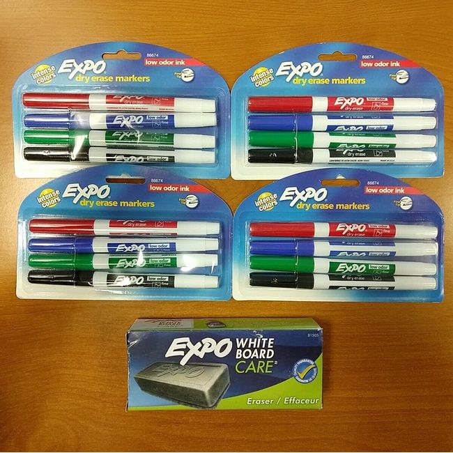 5 Pk: Expo Low-Odor Dry Erase Markers, Fine Point (16 Total) + Expo Eraser  E9H