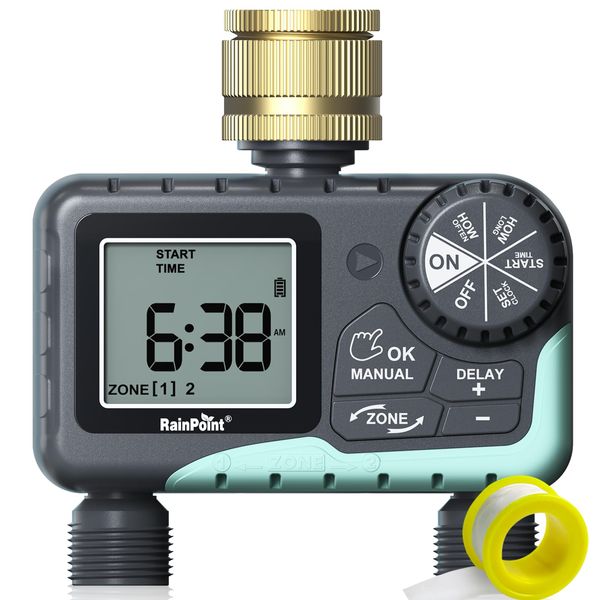 RAINPOINT Watering Timer 2 Outputs, Brass Swivel, Rain Delay, Manual, Automatic, Programmable Tap Timer for Garden, 2 Zones, 38 Auto Watering Times, 24H/48H/72H Rain Delay, Low Battery Warning