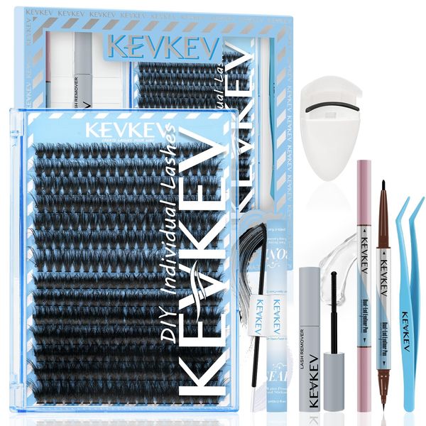 KevKev Lash Extension Kit Eyelash Extension Kit 280Pcs 3D Effect Lash Clusters with Lash Bond and Seal Lash Remover Dual-End Eyeliner Pen Eyelash Curler and Lash applicator 6-In-1 Kit(60D+80D)