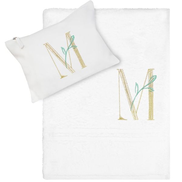 Personalised Gold Initial White Bath Towel & Makeup Wash Bag Embroidered Leaf Design Gift Set
