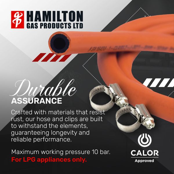 Hamilton Gas Products Gas Hose & Jubilee Clips Kit - 2m of 8mm High Pressure LPG Hose | Compatible with Regulators, Appliances & Equipment | Supply to BBQ's, Grills, Stoves, Patio & Cabinet Heaters