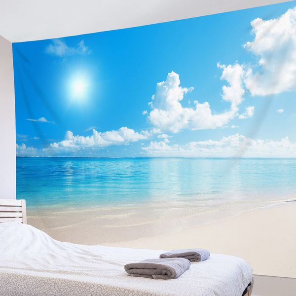 LB Beach Landscape Tapestry Fashion Wall Hanging Tropical Sunshine Sea Decor Wall Art Multifunctional Home Decor Wall Hanging Tapestry Modern Room Window Personalized Gift New House 200x150cm