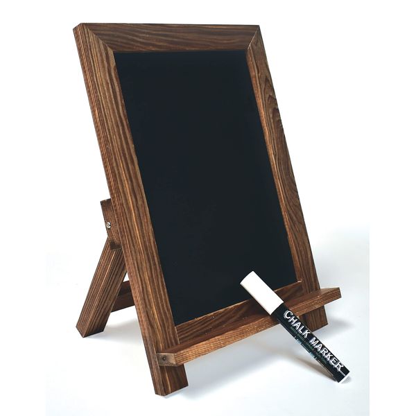 Better Office Products Framed Tabletop Chalkboard Sign, 9.5" x 14", Rustic Wood Frame, Small Magnetic Chalkboard, Built-in Ledge and Folding Stand, One White Chalk Marker Included,(Rustic Brown)