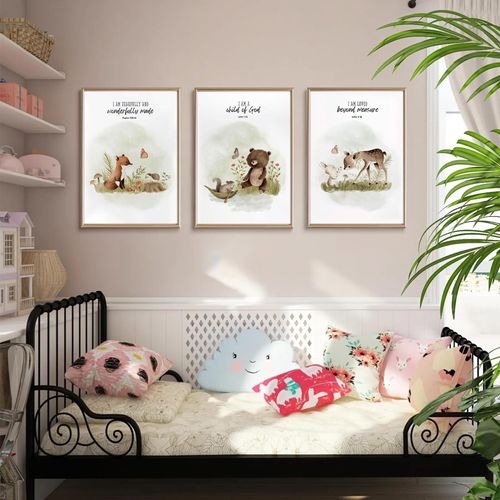 3Pcs Christian Nursery Animal Wall Art Bible Verse Wall Decor Pictures Religious Watercolor Cute Baby Animals Posters Prints for Kids Boys Girls Room Home Decoration Unframed 12x16in