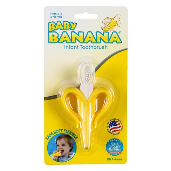 Baby Banana Yellow Banana Infant Toothbrush, Easy to Hold, Made in the USA, Train Infants Babies and Toddlers for Oral Hygiene, Teether Effect for Sore Gums, 4.33" x 0.39" x 7.87", BR003