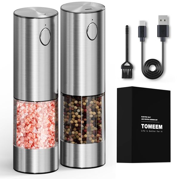 TOMEEM Electric Salt and Pepper Grinder Set, USB Rechargeable Salt and Pepper Grinder Set| Made of Stainless Steel | Adjustable Ceramic Grinder | LED Light